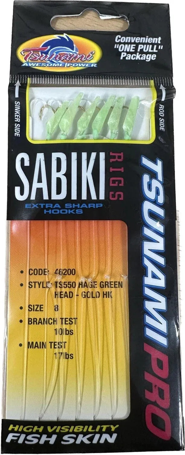 Tsunami Sabiki 46200 Size 8 on 10lb Green Head Gold Hook